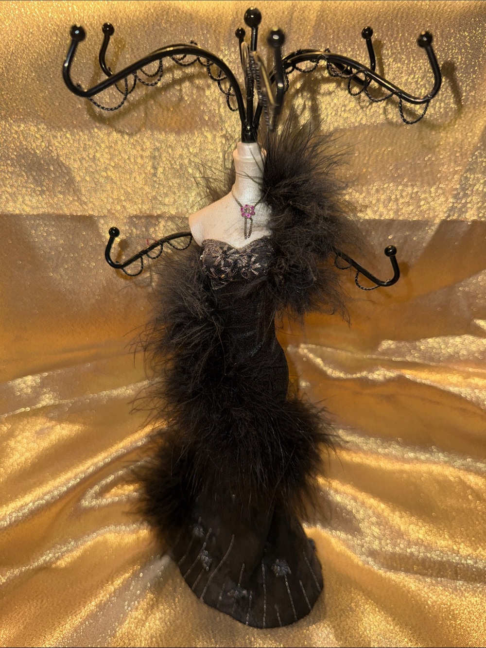 Elegant Black Feathered Dress Jewelry Stand